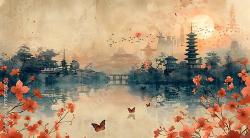 Sakura Samurai: Butterflies and Flowers Flourish in Feudal Japan Watercolor photo