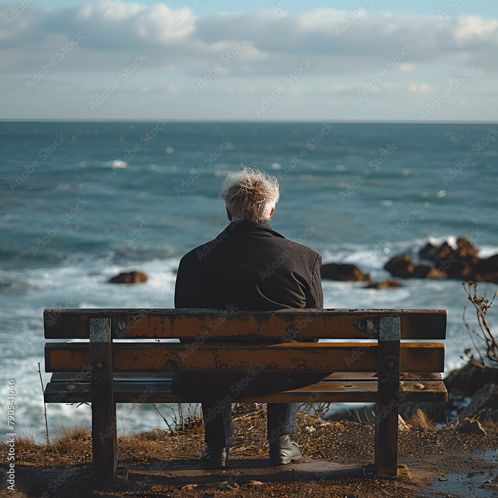 Alter Mann auf der Bank am Meer, made by AI