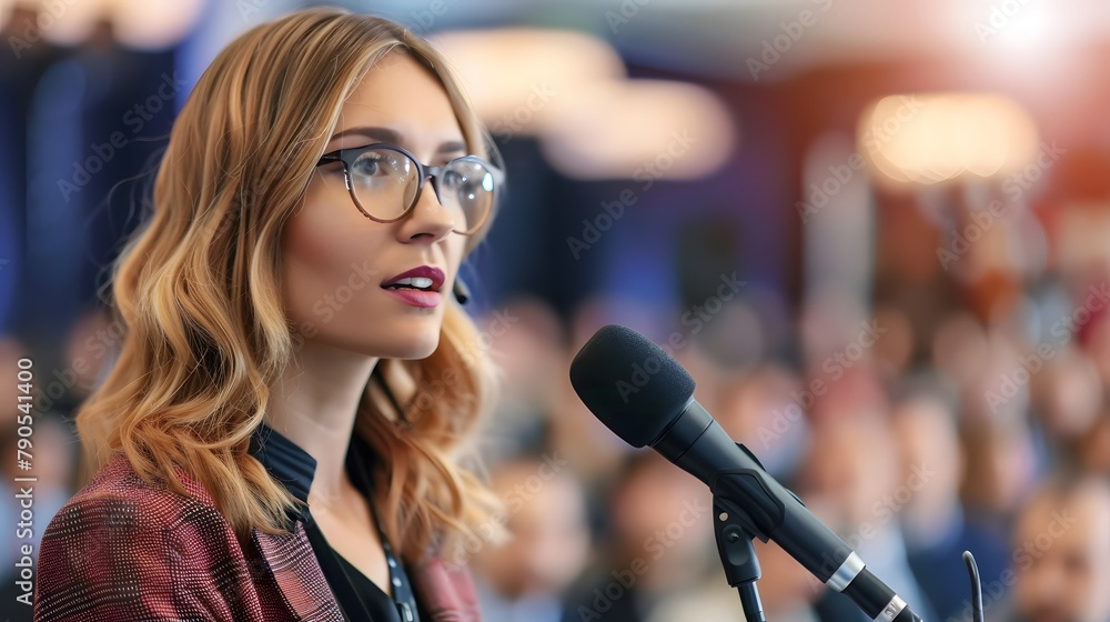 A female politician, unrecognizable in close-up, stands at the rostrum with rings, addressing the conference with microphones and a clipboard.