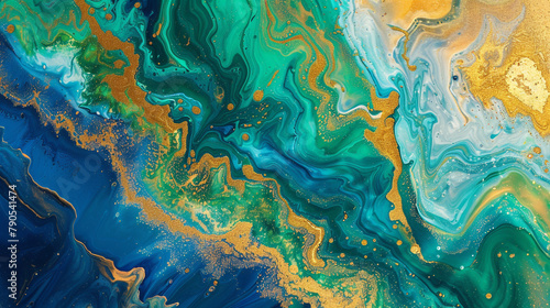 Fluid art evoking a tropical paradise, with azure, green, and gold blending like the ocean meeting the beach under the sun. For vibrant decor.