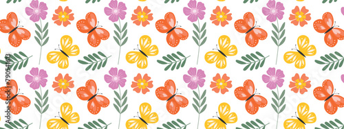 Seamless summer pattern with bright flowers and butterflies.