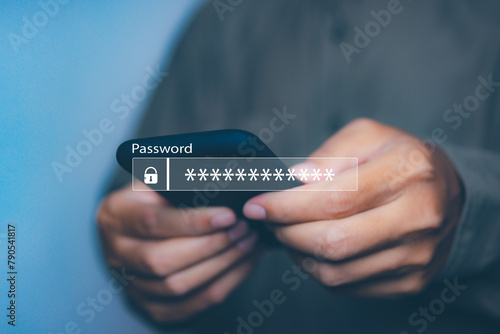 Man login smart phone input password. Technology security system prevent hacker.