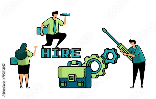 illustration of hiring with the words hire and People circle briefcases on cogwheels to apply for vocational and engineering jobs