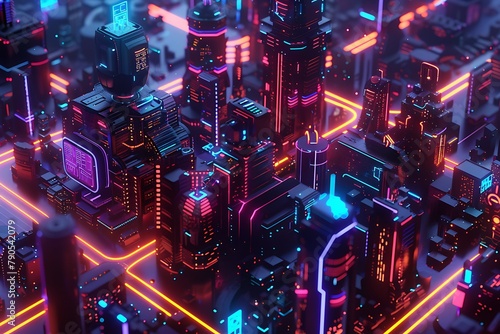 : A 3D logo for a gaming company, featuring a futuristic cityscape with neon lights that create an immersive atmosphere.