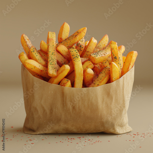 Disposable Paper bag of fast food photo. Shop pack fries. Generate Ai ai technology