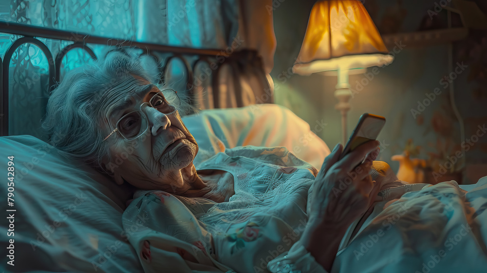 close up old Middle Eastern woman in the bed reaching for her phone to check the time. close up old Middle Eastern woman in the bed reaching for her phone to check the time.