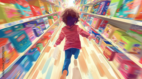 An illustration of a child running joyously down a toy store aisle, with motion blur emphasizing their excitement and energy