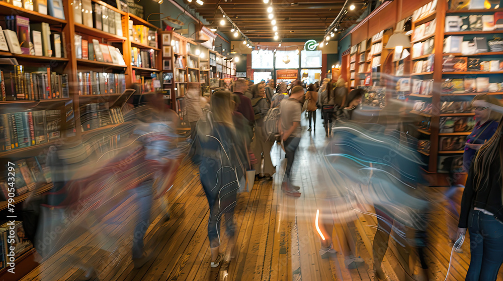 A photograph of a lively bookstore event, with motion blur used to illustrate the enthusiasm and movement of attendees