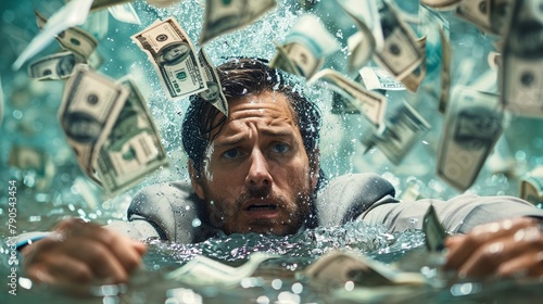 a businessperson slowly sinking into quicksand made of currency, with rescue ropes made of budget plans and financial advice being thrown their way photo