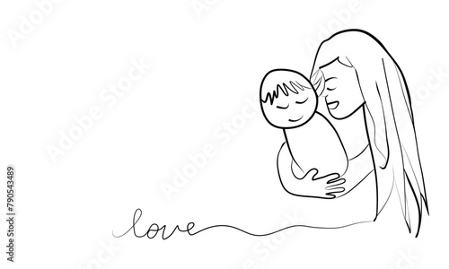 Abstract mother hold a child in continuous one line drawing art style. Mother hold baby isolated. Hand drawn vector illustration for Happy mother's day card.Mother's day element motherhood parenthood 