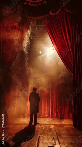 Man standing in front of a stage with a red curtain. Vertical background 