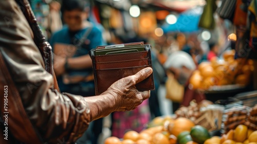 A close-up of a hand snatching a wallet from an open purse in a crowded market photo