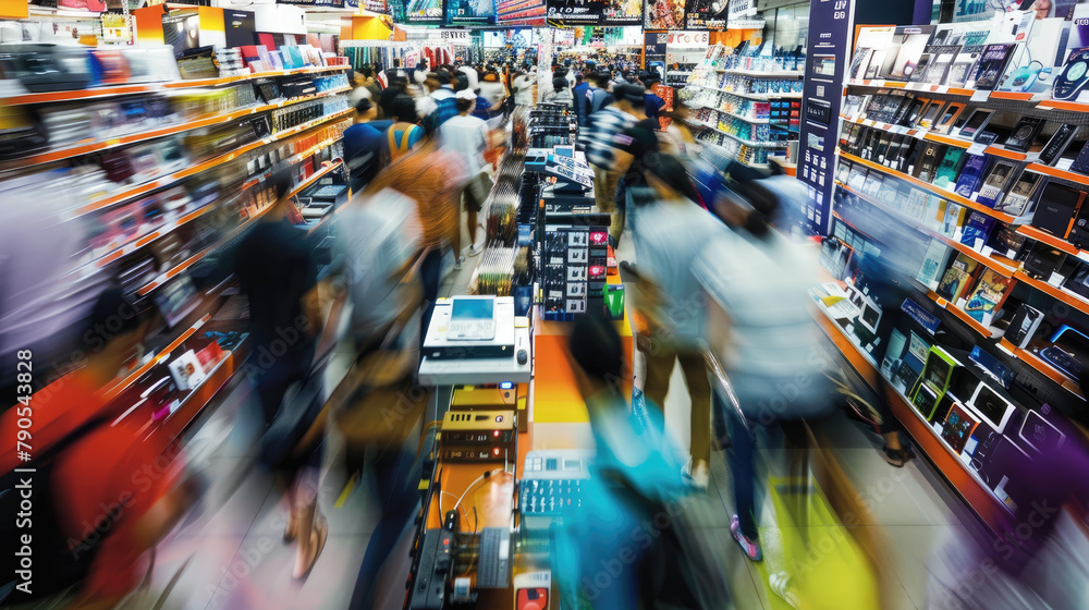 A photograph depicting a crowded electronics store during a sale, with motion blur illustrating the rush of consumers trying to find the best deals