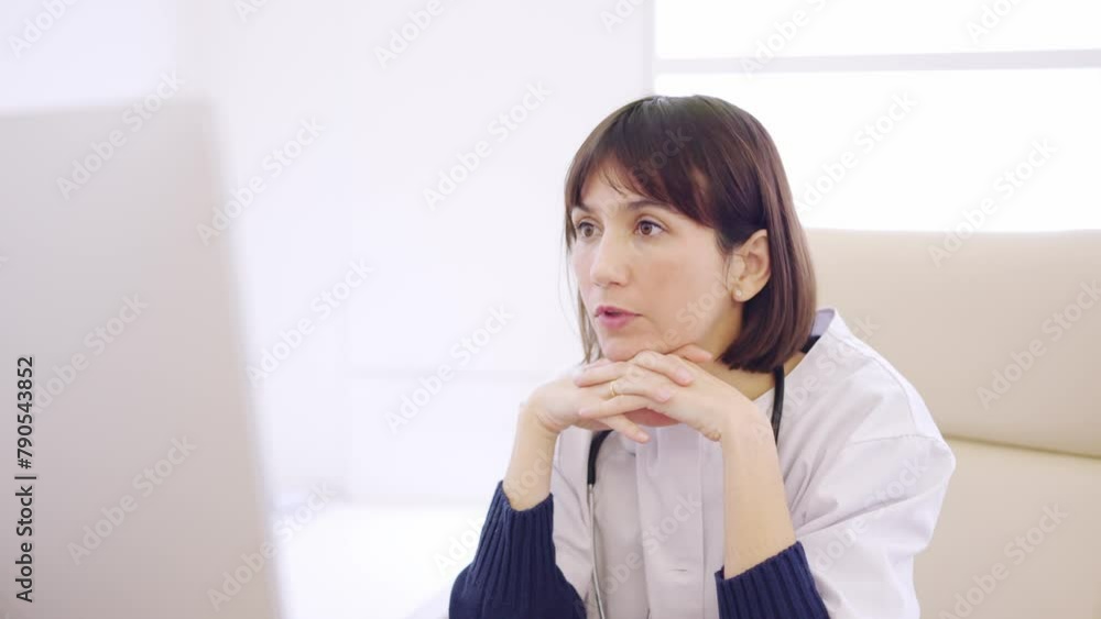 Worried female doctor looking at the screen of a computer Worried female doctor looking at the screen of a computer