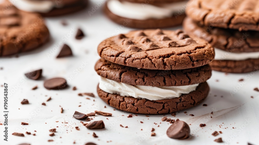 Chocolate cookies with cream filling on a white background Chocolate cookies with cream filling on a white background