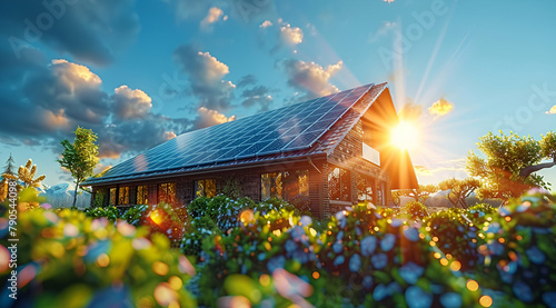 Einfamilienhaus mit Solarpaneelen, auf dem Dach, made by AI photo