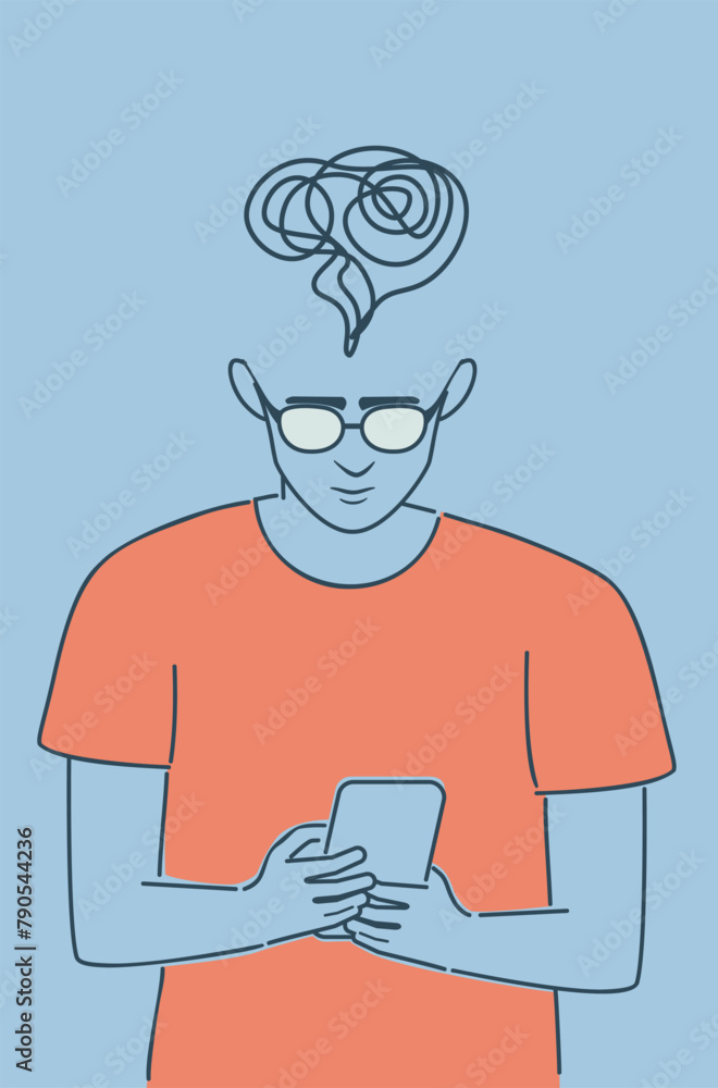 Boy in orange shirt read from smartphone screen. Teen boy in orange shirt read from smartphone screen flat style illustration