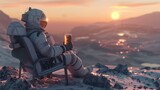 A solitary figure clad in an astronaut suit sits serenely in a futuristic chair, positioned to capture the radiant glow of a distant star on an alien planet. 

