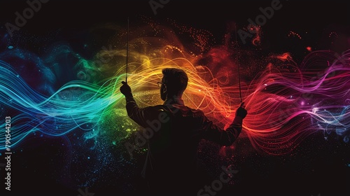 a conductor leading an orchestra, with each instrument s sound visually represented by colorful sound waves photo