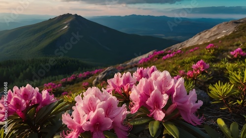 Magical Pink Flowers Amid Summer Mountain Greenery  Pink Flowers in a Magical Summer Mountain Setting  Magical Pink Flowers in a Lush Green Mountain Landscape  Summer with Magical Pink Flowers in Gree