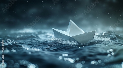 A delicate paper boat struggling to stay afloat in a turbulent, dark ocean, representing the industrys challenge in navigating economic downturns and competitive pressures photo