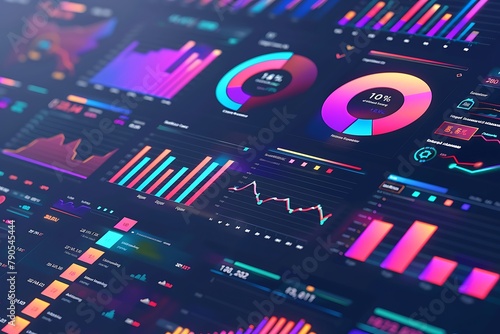 : A 3D vector depiction of a financial dashboard, with real-time data visualizations in striking colors. photo