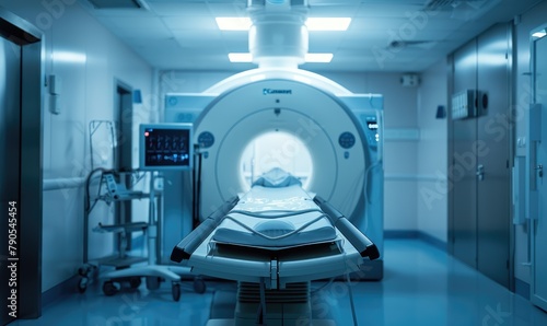 The modern medical setting features a state-of-the-art MRI scanner in a hospital room, emphasizing advanced diagnostic technology