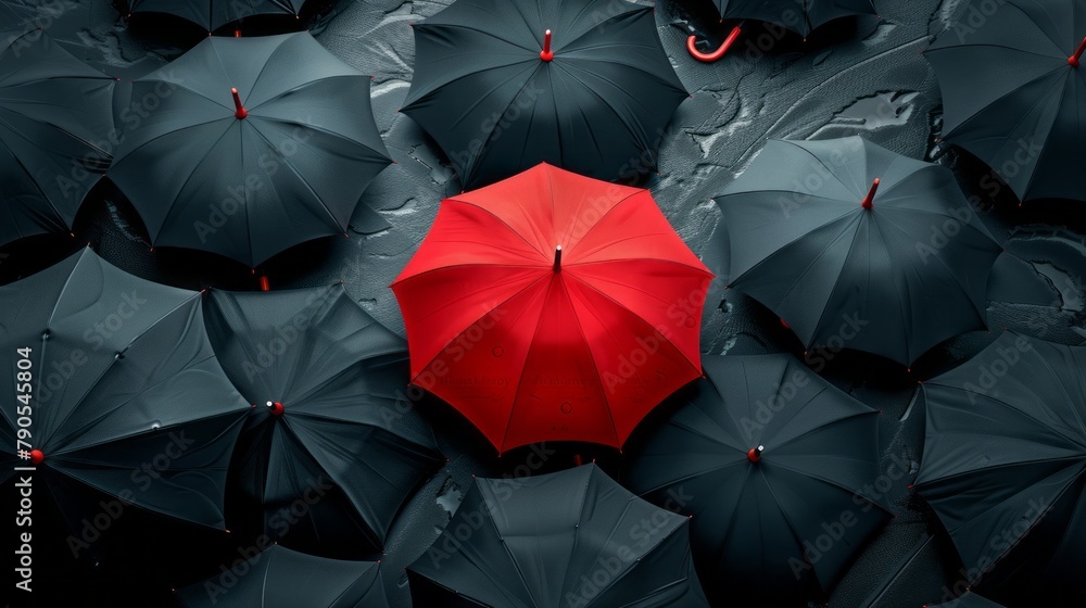 A red umbrella among a crowd of black umbrellas - Concept of success, of being special as a leader, with its own identity, having a difference, new ideas and special skills among the others A red umbrella among a crowd of black umbrellas - Concept of success, of being special as a leader, with its own identity, having a difference, new ideas and special skills among the others
