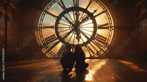 a giant clock with hands moving rapidly, but the couple sits serenely in its center, untouched by time, sharing a quiet moment 