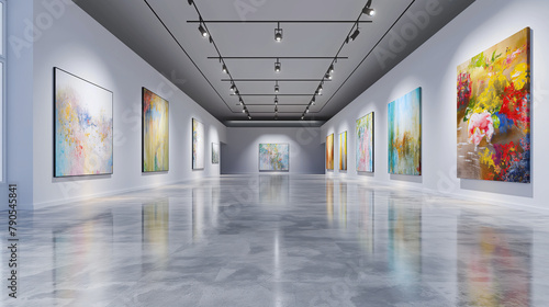 Beautiful paintings on minimalist white walls with lighting in a large hall. An indoor museum art gallery, artwork show, or modern art exhibition with no people.  © Lahiru