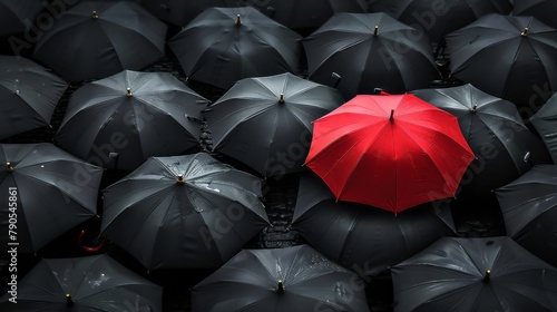 A red umbrella among a crowd of black umbrellas - Concept of success  of being special as a leader  with its own identity  having a difference  new ideas and special skills among the others