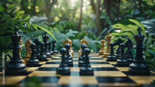 a giant chessboard set in a dense jungle, where business leaders move chess pieces representing different strategic initiatives
