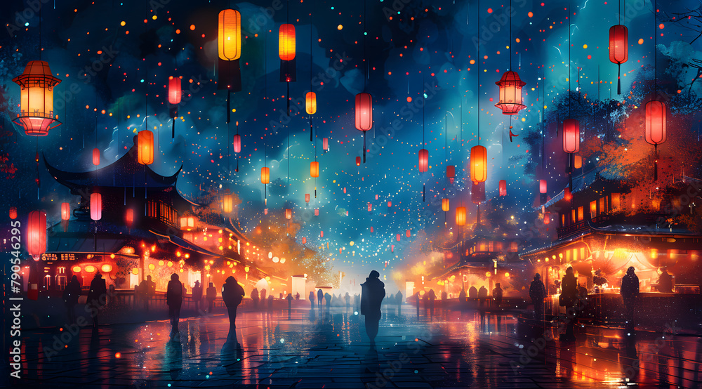 Twilight Marketplace: Enchanting Watercolor Scene Illuminated by Fairy Light Spectacle