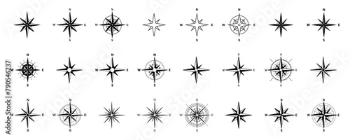 Flat Vector Black Monochrome Wind Rose Symbol  Compass Icon  Design Element Set  Isolated