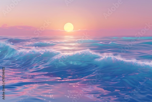 : A 3D vector depiction of a tranquil ocean, with waves gently lapping against the shore under a pastel-colored sunset.