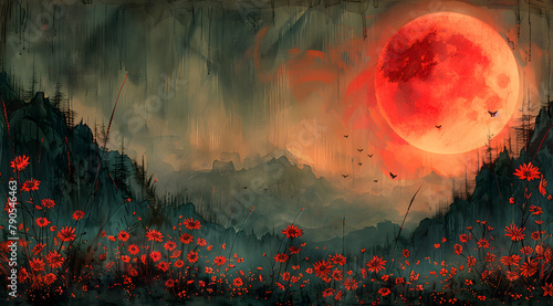 Moonlit Metamorphosis: Otherworldly Watercolor Altered by Lunar Red Glow