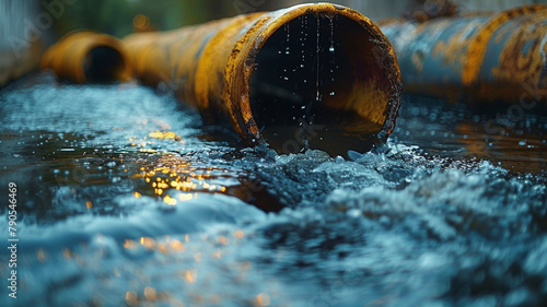 wastewater discharge pipes emptying into a canal, polluting the surrounding water with toxins and chemicals, a stark representation of environmental degradation