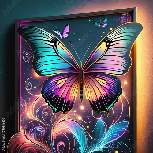 abstract background with butterflies, panel wall art, neon background with pastil color butterfly silhouette, Ai Generate