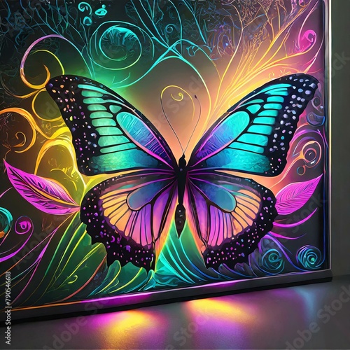 background with butterflies, panel wall art, neon background with pastil color butterfly silhouette, Ai Generate