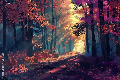 : A 3D vector landscape of a serene forest, with sunlight filtering through the leaves, casting vibrant hues on the scene. photo