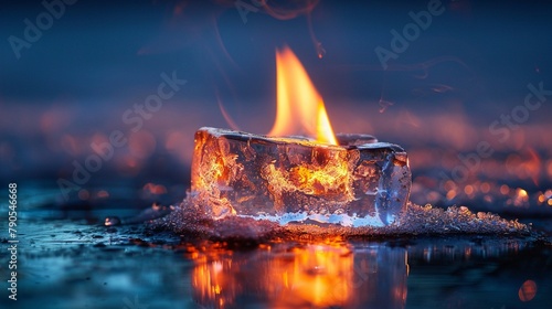 A large flame encased in a block of ice, representing the paradox of using highenergy processes in petrochemical production that contribute to global warming, yet are essential to current energy needs photo