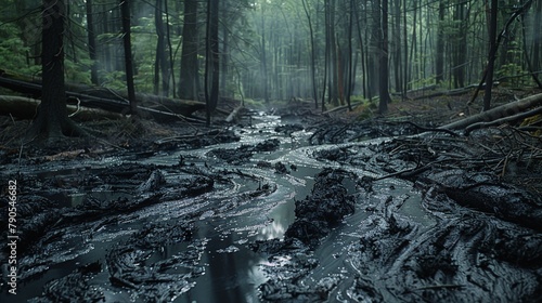 A large ink spill spreading over a forest floor, slowly turning the area dark This metaphorically depicts pollution issues related to paper production processes and their impact on natural habitats photo