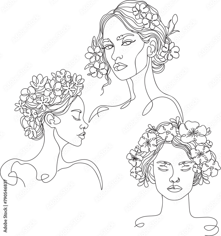Line art woman with flowers on head. Floral feminine Illustration line
