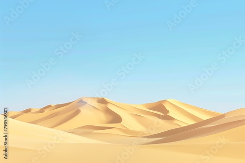   A 3D vector portrayal of a peaceful desert  with the golden sand dunes under the clear blue sky creating a calming atmosphere.