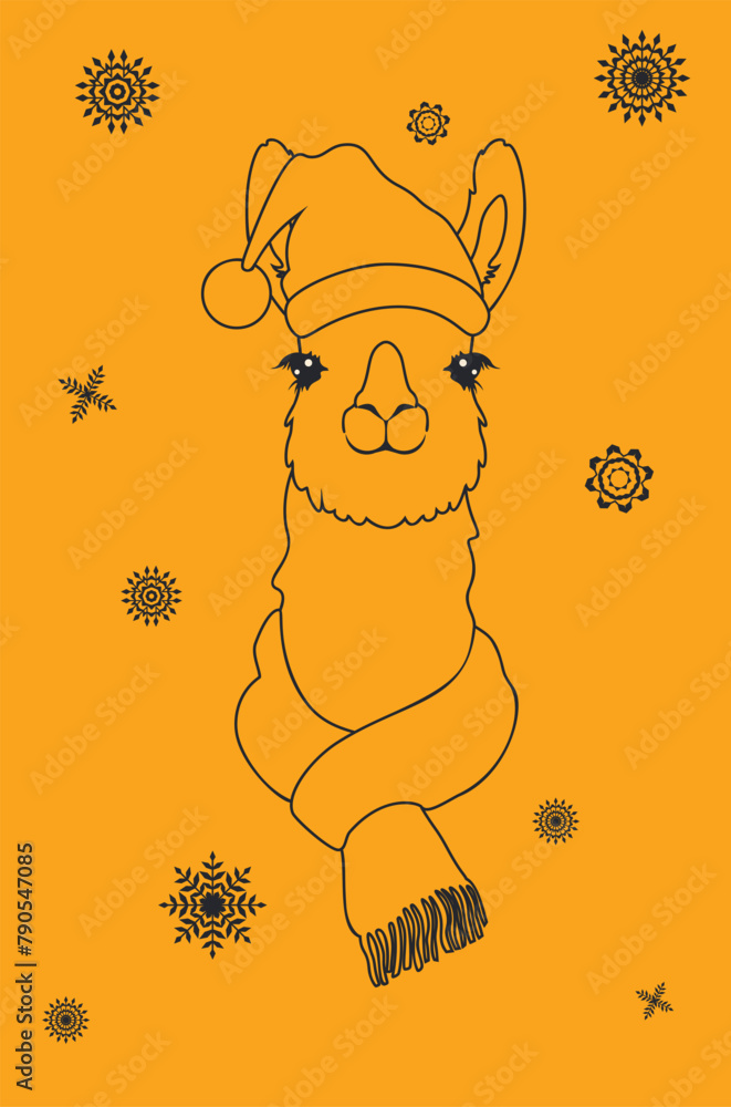 Fototapeta premium Llama in hat and scarf line art. Cute llama wear hat and scarf, decorative snowflakes illustration.