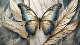 panel wall art, marble background with feather designs and butterfly silhouette,Ai Generate 