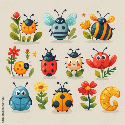 A charming collection of cartoon insects  including ladybugs and bees  paired with vibrant illustrated flowers  perfect for children s educational material.