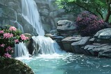: A 3D vector portrayal of a tranquil waterfall, with the water cascading down the rocks, creating a soothing and calming scene.