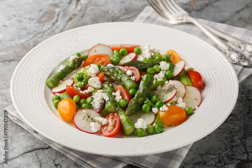 Salad of asparagus, radishes, cherry tomatoes, green peas and goat cheese dressed with vinaigrette close-up in a plate on the table. Horizontal