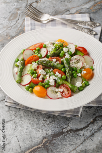 Spring salad of asparagus, radishes, cherry tomatoes, green peas and goat cheese close-up in a plate on the table. Vertical